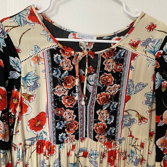 Patrons of Peace Wms S Floral Tie Neck Dress Ruffled Border Boho Cottagecore - Picture 4 of 9